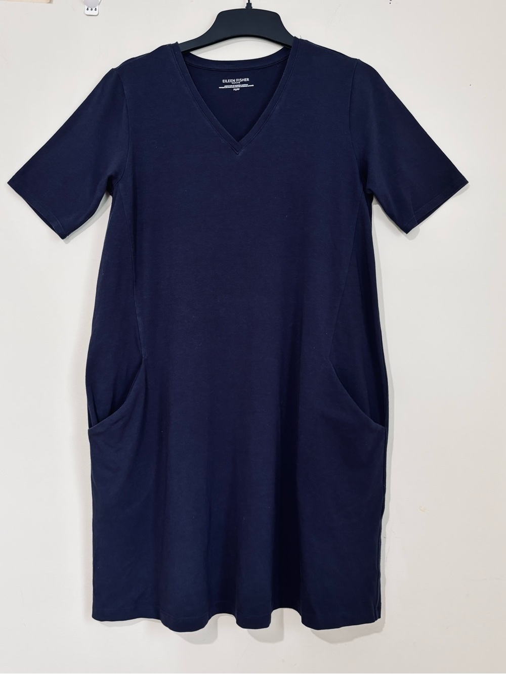 Eileen Fisher Cotton V-Neck Short Sleeve Pocket Slouchy Pullover T-shirt Dress